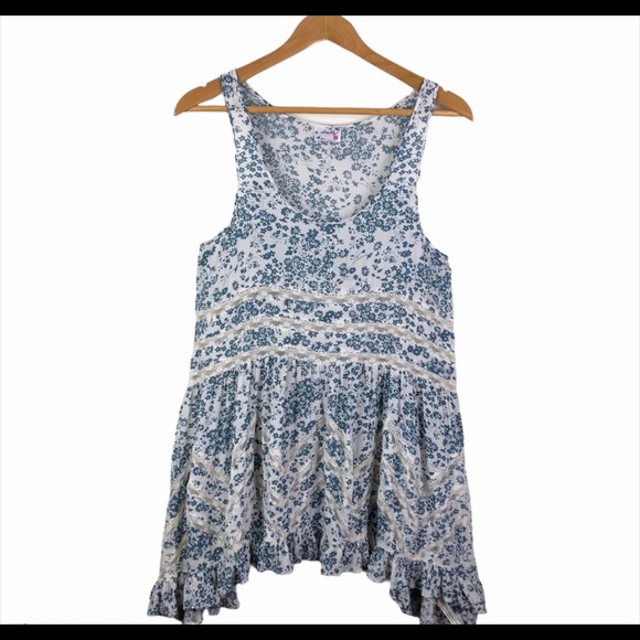 Free People Voile & Lace Trapeze Floral Blue/White Slip Dress - Picture 2 of 4